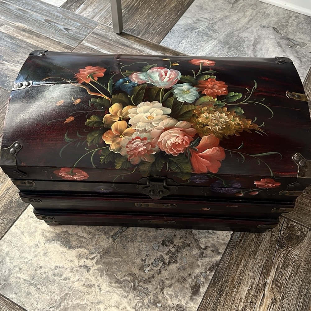 Korean Floral Painted Wooden Chest